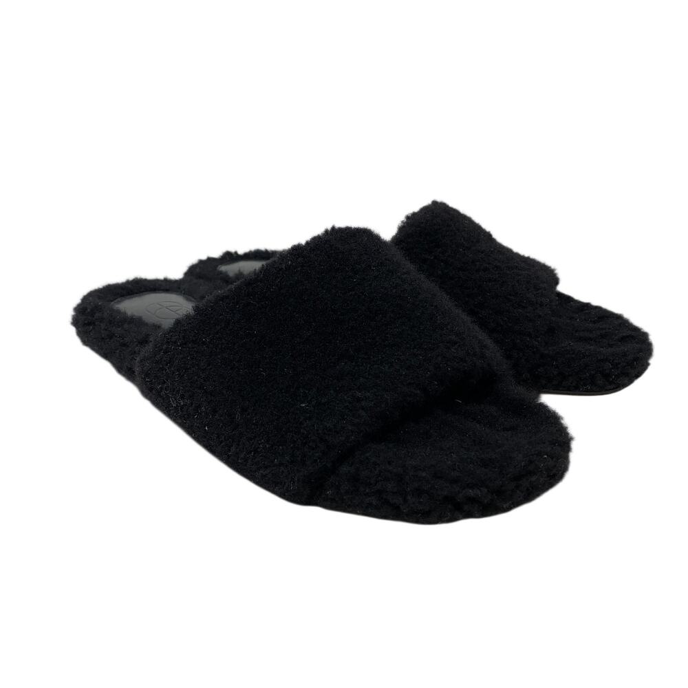 Porte & Paire Shearling Slippers Womens Size 37 US 7 Black Leather Lining + Sole